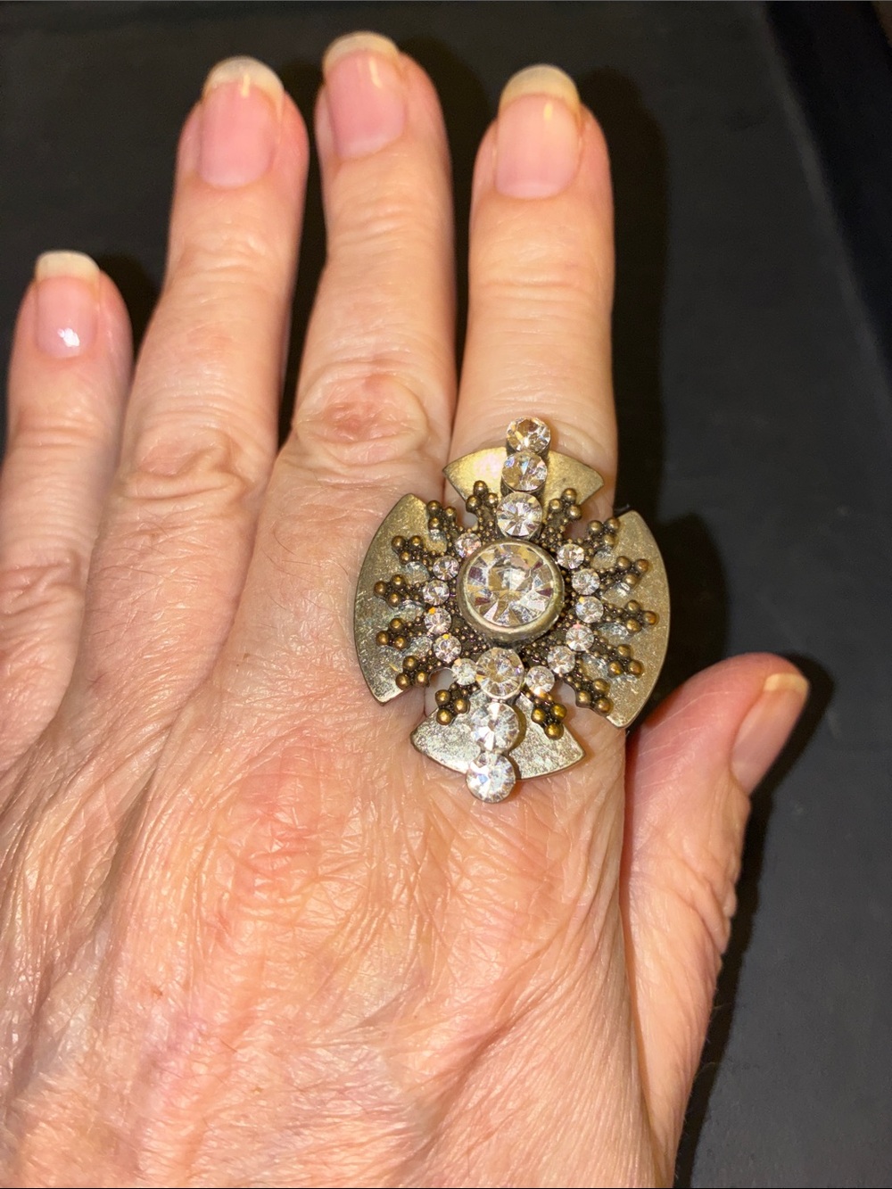 Antique-Style Gold Tone Crystal Statement Stretch Ring